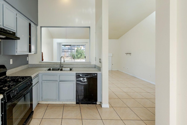 kitchen with exhaust hood, sink, light tile patterned floors, and black appliances