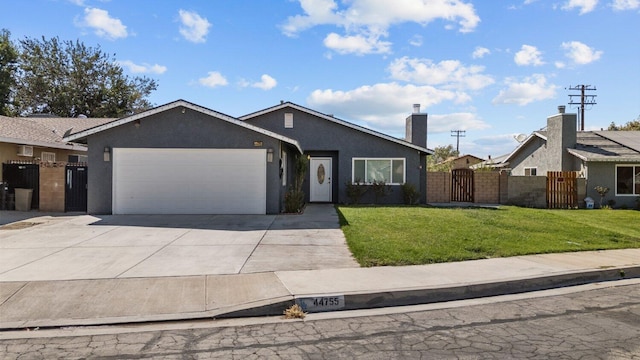 ranch-style home with a garage and a front lawn