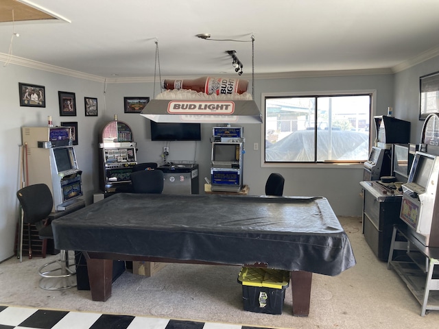 rec room with crown molding and billiards