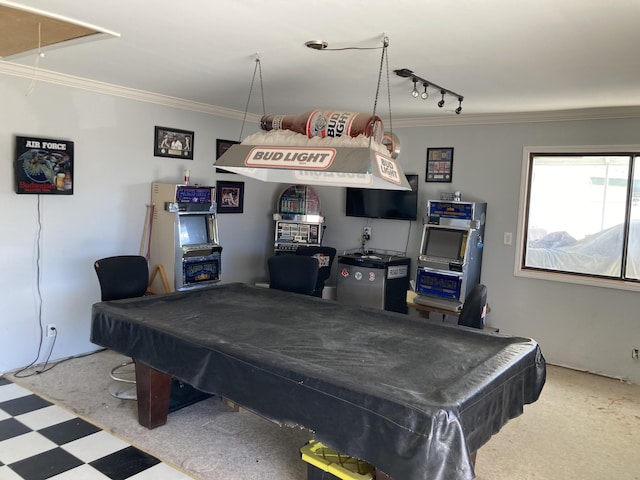 rec room with rail lighting, ornamental molding, and billiards