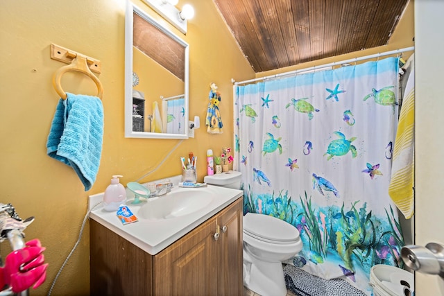 bathroom featuring curtained shower, wooden ceiling, vaulted ceiling, toilet, and vanity