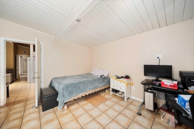 bedroom with light tile patterned flooring, wooden ceiling, and beam ceiling