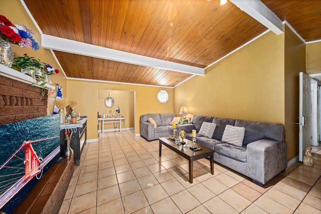 living room featuring vaulted ceiling with beams, light tile patterned floors, crown molding, and wood ceiling