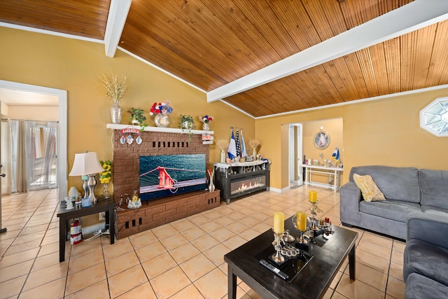 living room featuring tile patterned floors, wood ceiling, crown molding, lofted ceiling with beams, and a fireplace