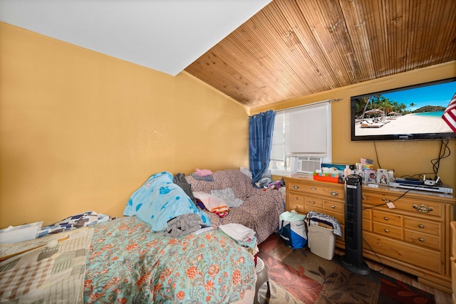 bedroom featuring lofted ceiling, dark carpet, wooden ceiling, and cooling unit