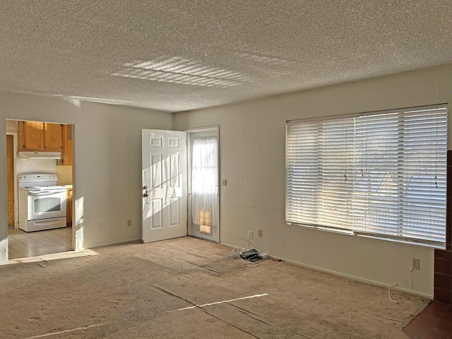 unfurnished living room featuring light carpet and a textured ceiling