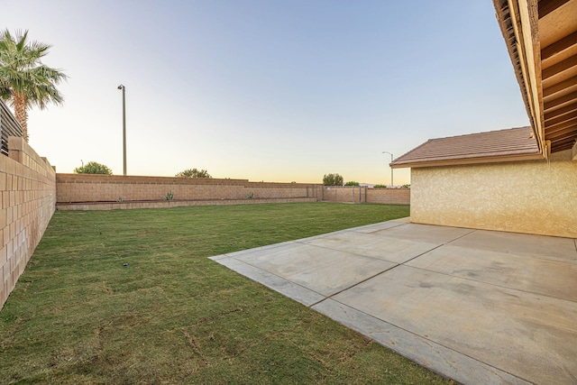 yard at dusk featuring a patio