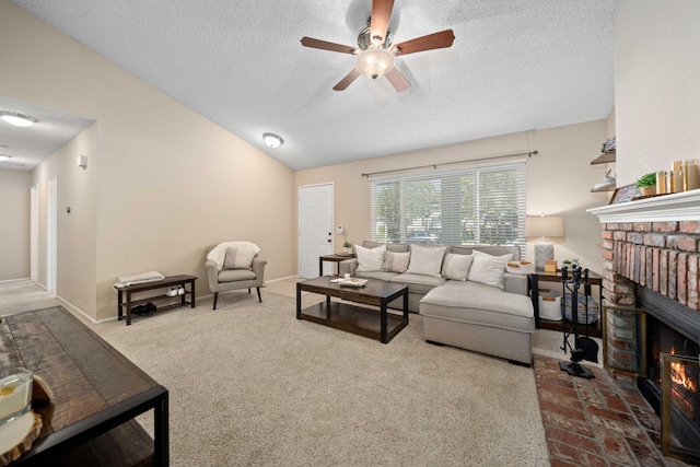 living room featuring lofted ceiling, a brick fireplace, light carpet, and a textured ceiling