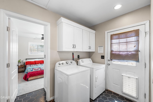 43249 W 42nd St, Lancaster, CA 93536 - laundry room with washer and dryer, cabinet space, ceiling fan, recessed lighting, and dark carpet