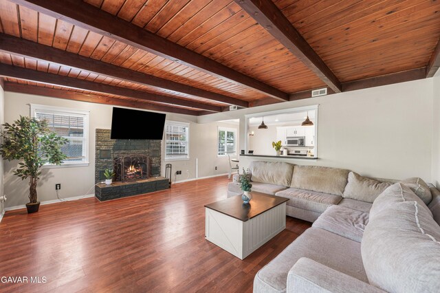 43249 W 42nd St, Lancaster, CA 93536 - living room with dark wood finished floors, a wood ceiling with exposed beams, healthy amount of natural light, and a fireplace