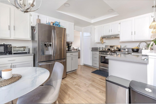 kitchen with white cabinets, appliances with stainless steel finishes, a tray ceiling, and hanging light fixtures