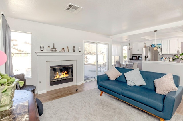 living room featuring a wealth of natural light and light hardwood / wood-style floors