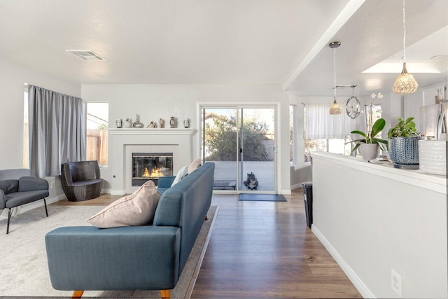 living room featuring a chandelier and hardwood / wood-style flooring