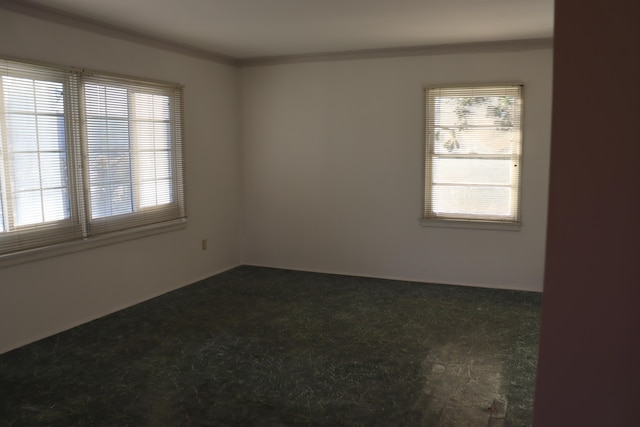 carpeted spare room with crown molding