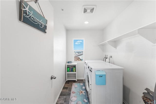2436 Lugar Bonito Ct, Rosamond, CA 93560 - washroom with washer and clothes dryer and dark stone finish floors