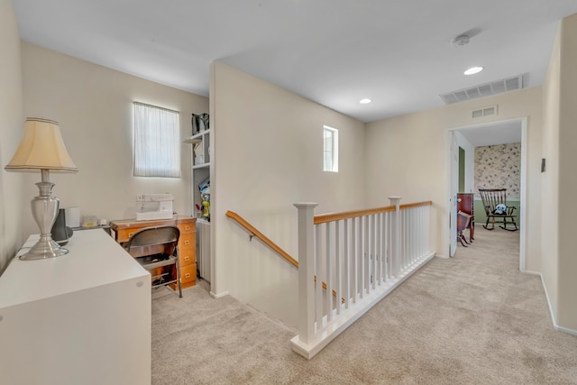 38360 Wakefield Pl, Palmdale, CA 93551 - hall featuring an upstairs landing, carpet floors, a desk, recessed lighting, and baseboards