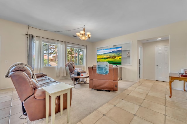 38360 Wakefield Pl, Palmdale, CA 93551 - living area featuring a chandelier, carpet flooring, tile patterned floors, and baseboards