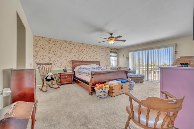 38360 Wakefield Pl, Palmdale, CA 93551 - carpeted bedroom featuring wallpapered walls, access to exterior, and ceiling fan