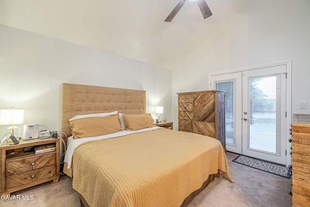 6015 Country Ln, Quartz Hill, CA 93536 - bedroom with access to outside, carpet floors, high vaulted ceiling, and ceiling fan