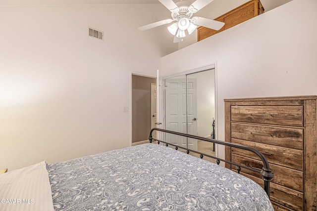 6015 Country Ln, Quartz Hill, CA 93536 - bedroom featuring high vaulted ceiling, a ceiling fan, and a closet
