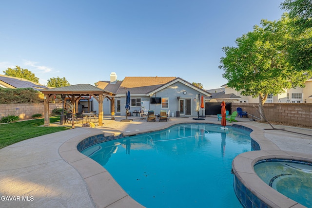 6015 Country Ln, Quartz Hill, CA 93536 - view of swimming pool featuring a gazebo, an in-ground hot tub, a patio, a fenced backyard, and french doors
