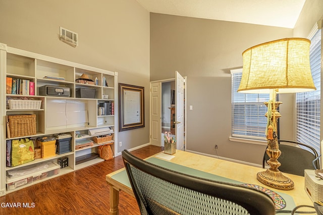 6015 Country Ln, Quartz Hill, CA 93536 - home office with dark wood-style flooring and high vaulted ceiling