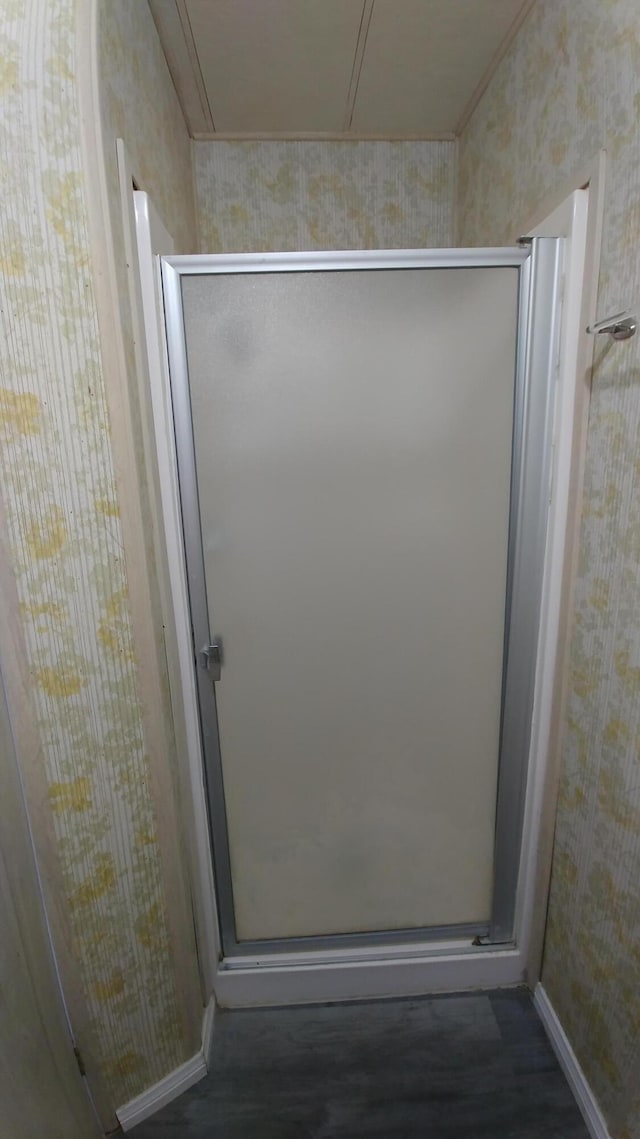 bathroom featuring wood-type flooring and a shower with shower door