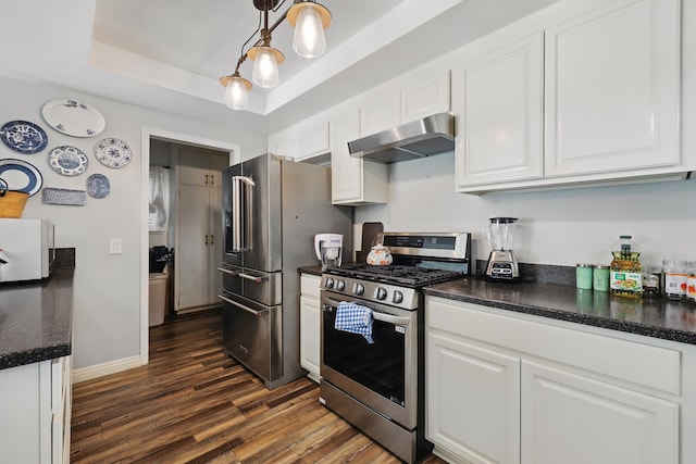 kitchen featuring white cabinets, dark wood-style flooring, stainless steel appliances, under cabinet range hood, and a tray ceiling