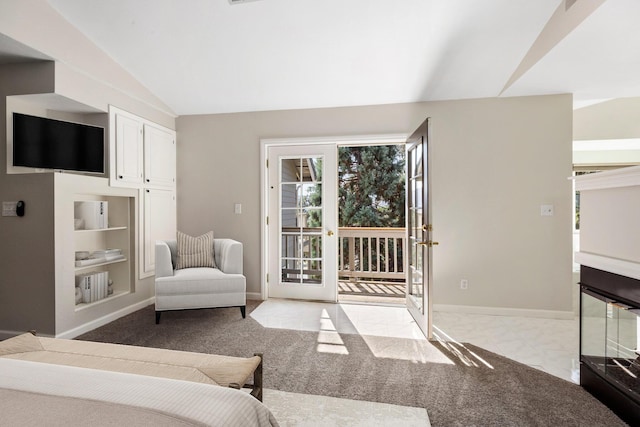 24500 Deertrail Dr, Tehachapi, CA 93561 - bedroom featuring french doors, baseboards, vaulted ceiling, and access to exterior