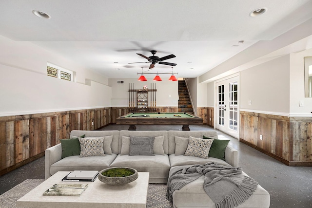24500 Deertrail Dr, Tehachapi, CA 93561 - living area featuring recessed lighting, a wainscoted wall, ceiling fan, and wood walls