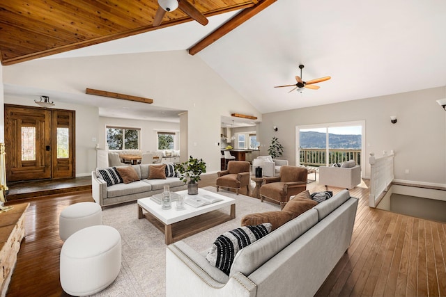 24500 Deertrail Dr, Tehachapi, CA 93561 - living area featuring ceiling fan, baseboards, high vaulted ceiling, beamed ceiling, and wood-type flooring
