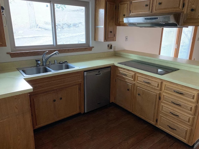 kitchen featuring stainless steel dishwasher, under cabinet range hood, black electric stovetop, a sink, and light countertops