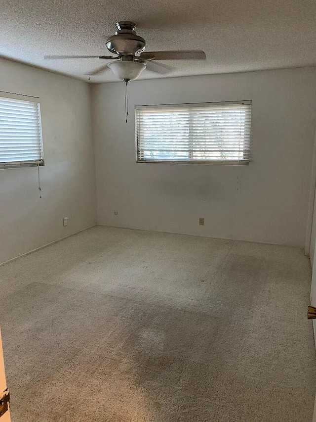 unfurnished room with a ceiling fan, plenty of natural light, carpet flooring, and a textured ceiling