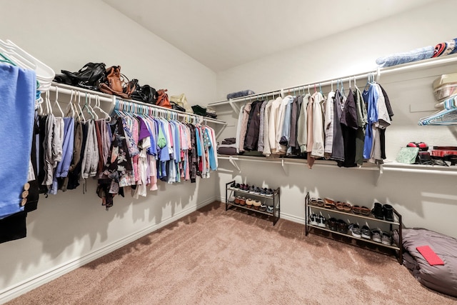 walk in closet featuring carpet flooring and lofted ceiling