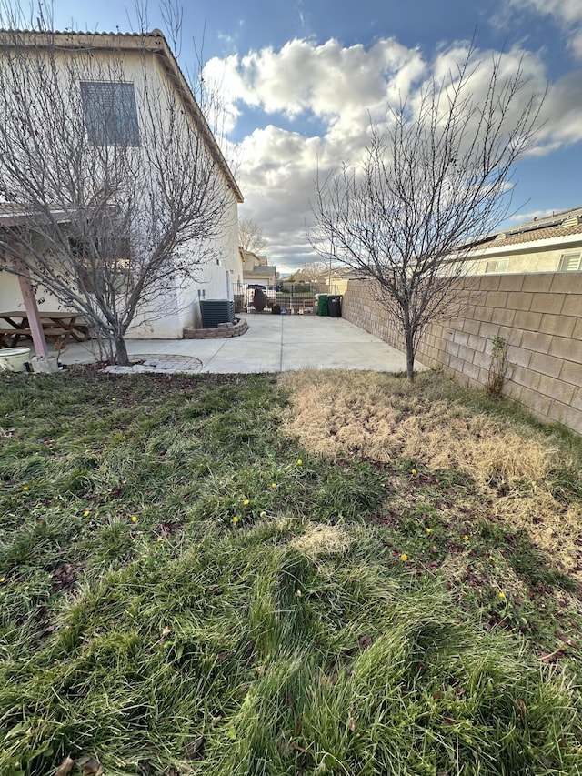 view of yard with a patio area and central air condition unit