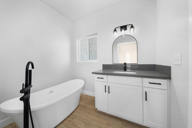 bathroom featuring a bath, vanity, and hardwood / wood-style floors