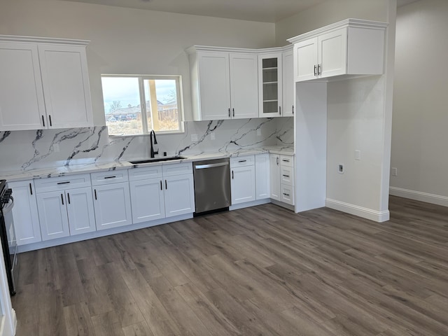kitchen featuring a sink, dishwasher, dark wood-style floors, and white cabinetry