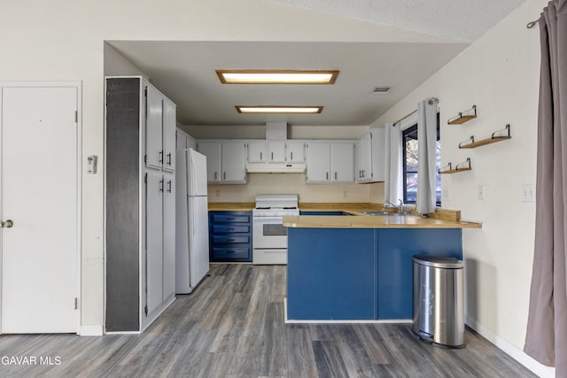 14332 Lear St, Mojave, CA 93501 - kitchen with white appliances, under cabinet range hood, a peninsula, and dark wood-type flooring