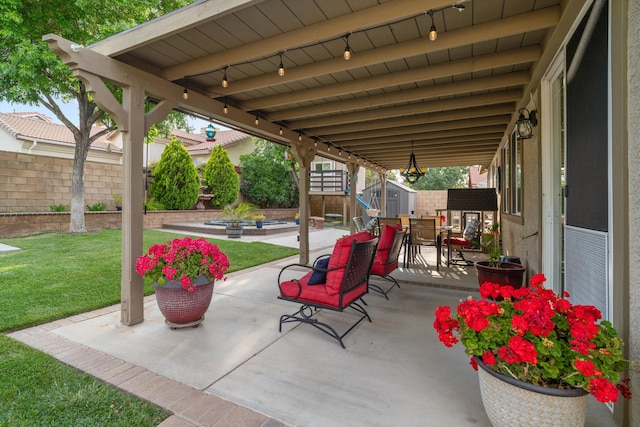 view of patio / terrace featuring an outbuilding, a fenced backyard, outdoor dining space, and a shed
