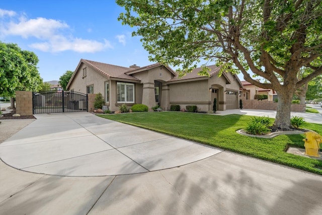 view of front facade featuring a gate, an attached garage, driveway, stucco siding, and a front lawn
