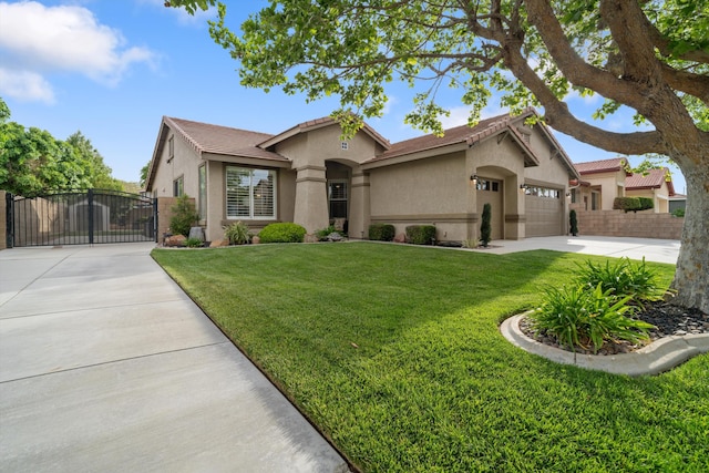 view of front of house featuring a garage, stucco siding, concrete driveway, a front yard, and a gate