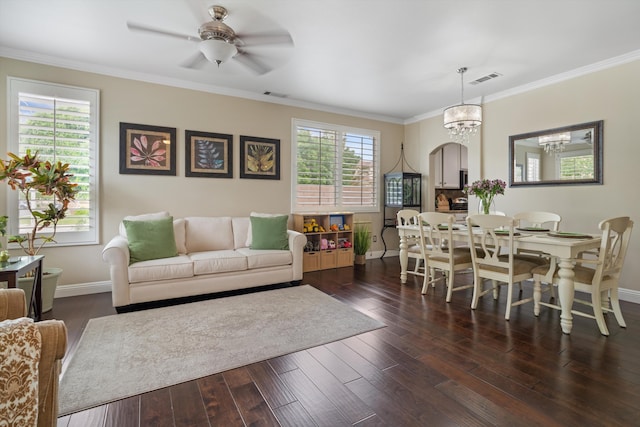 dining space with baseboards, a wealth of natural light, visible vents, and dark wood-style floors