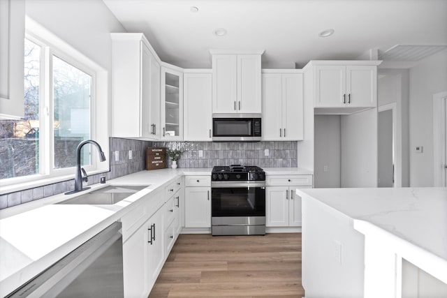 kitchen with plenty of natural light, appliances with stainless steel finishes, backsplash, and a sink