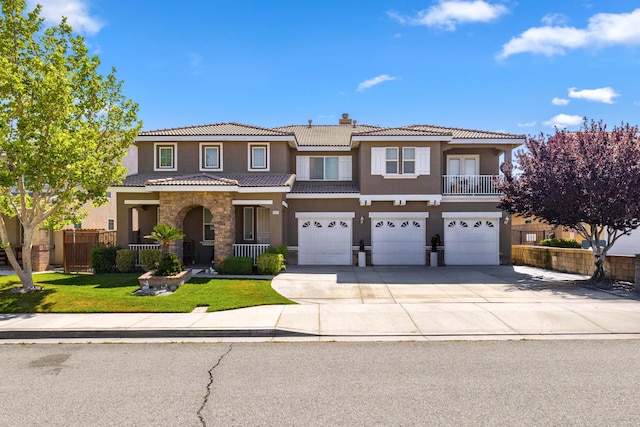 43920 W 33rd St, Lancaster, CA 93536 - view of front of property featuring stucco siding, driveway, a chimney, an attached garage, and a tile roof
