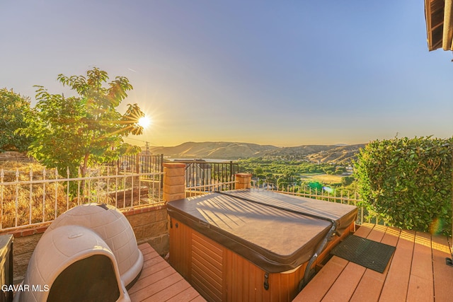 42725 Deer Walk Rd, Lake Hughes, CA 93532 - deck at dusk with a hot tub and a mountain view