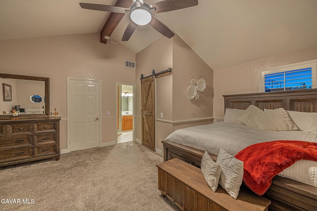 42725 Deer Walk Rd, Lake Hughes, CA 93532 - bedroom with a barn door, high vaulted ceiling, beam ceiling, light carpet, and a ceiling fan