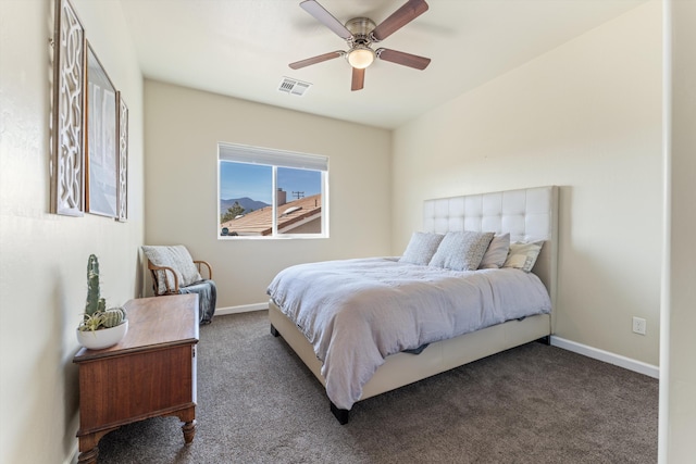 bedroom featuring carpet flooring, baseboards, and ceiling fan