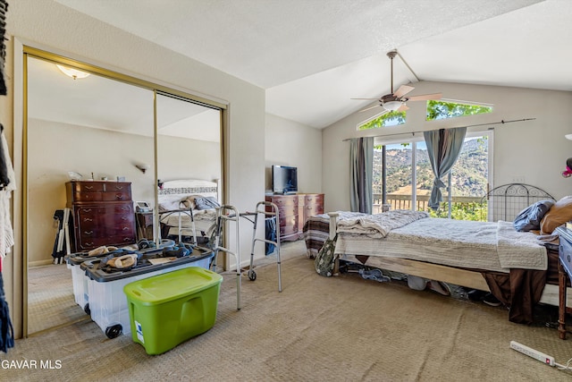 24750 Flatiron Ct, Tehachapi, CA 93561 - carpeted bedroom featuring vaulted ceiling, a ceiling fan, and a closet