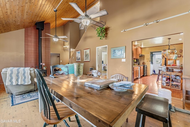 24750 Flatiron Ct, Tehachapi, CA 93561 - dining area with a wood stove, ceiling fan, light wood finished floors, and high vaulted ceiling