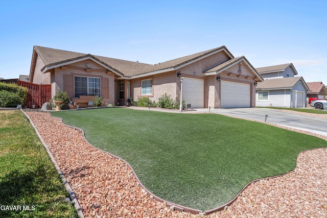 3267 Desert Cloud Ave, Rosamond, CA 93560 - ranch-style home featuring concrete driveway, a garage, stucco siding, a front lawn, and a tile roof